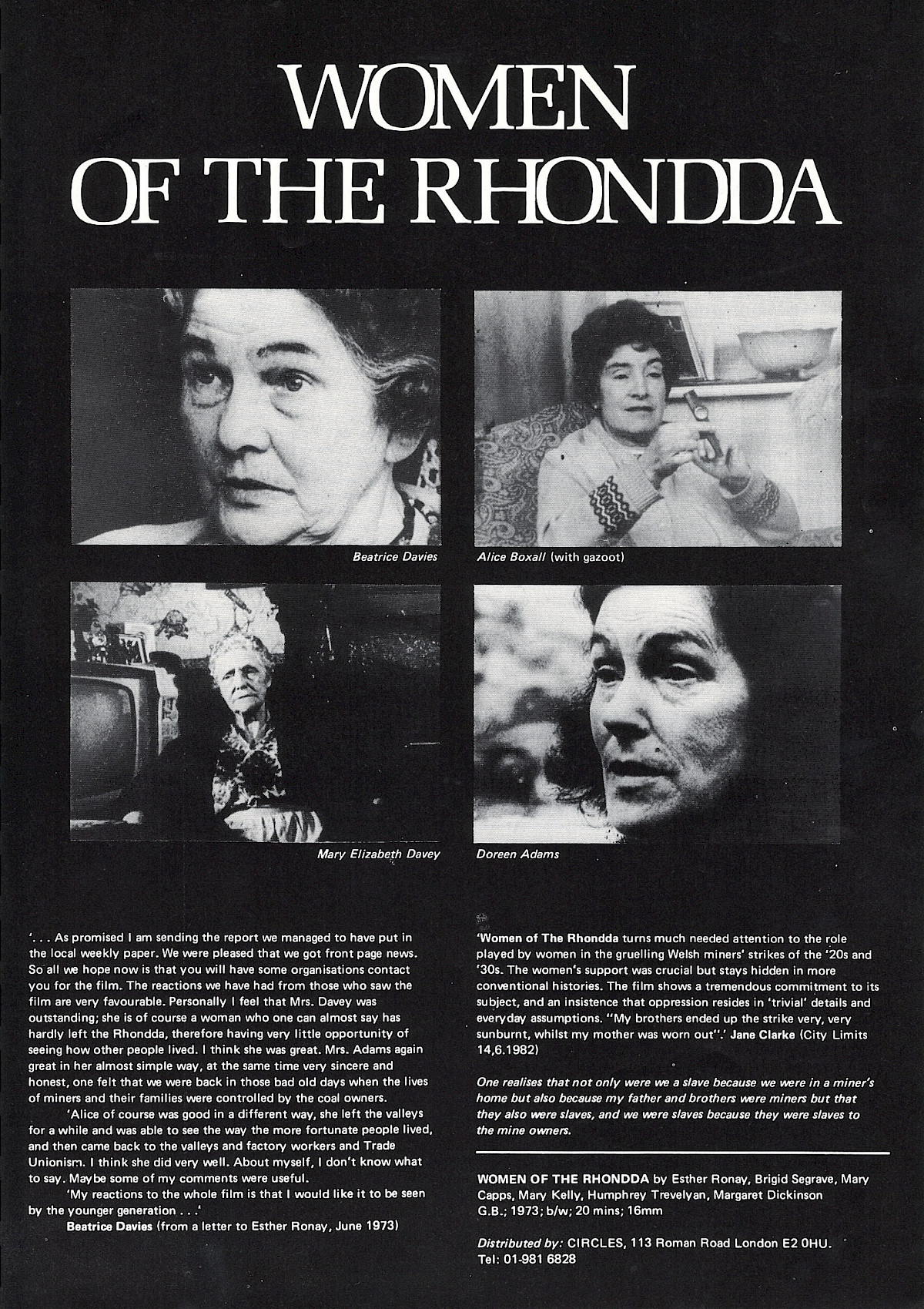 Promotional leaflet for ‘Women of the Rhondda’ (1972) by Brigid Seagrave, Esther Ronay, Humphrey Trevelyan, Margaret Dickinson, Mary Crapps, Mary Kelly and Susan Shapiro