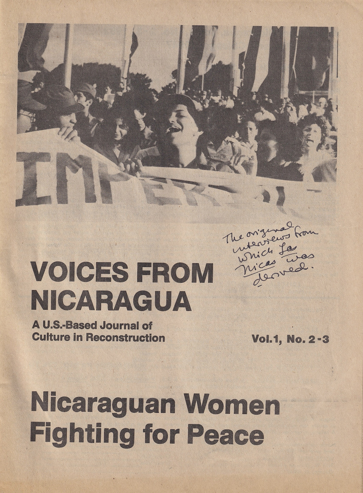 Front cover of Voices from Nicaragua journal, featuring interviews and articles, such as ‘Learning from Our Compañeras’ by Julia Lesage and Carol Isaacs, on which the film 'Las Nicas' was based.